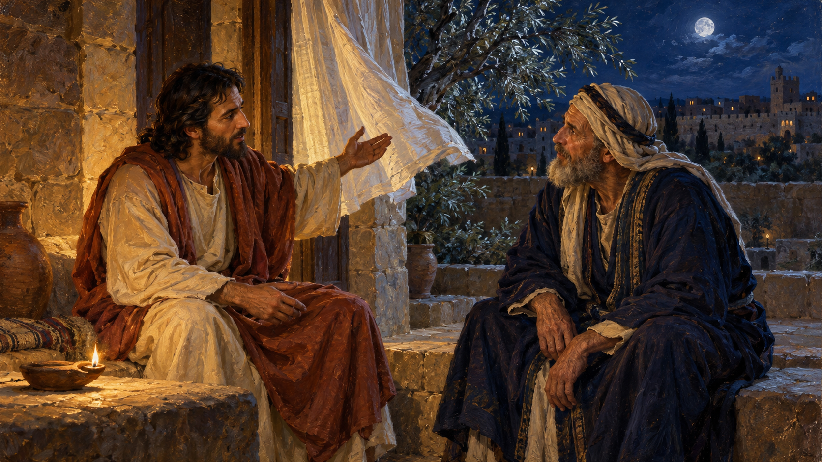 The Holy Spirit and the Wind: What Jesus Meant Classical oil painting of Jesus teaching Nicodemus at night as a breeze moves a linen curtain and olive branches.