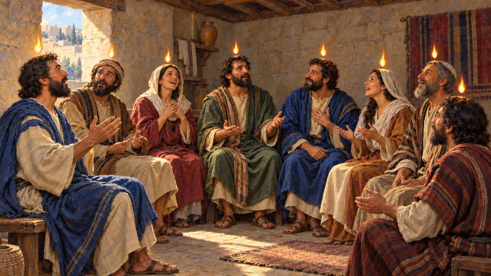 Classical oil painting of a seated group of believers at Pentecost with individual tongues as of fire above their heads.