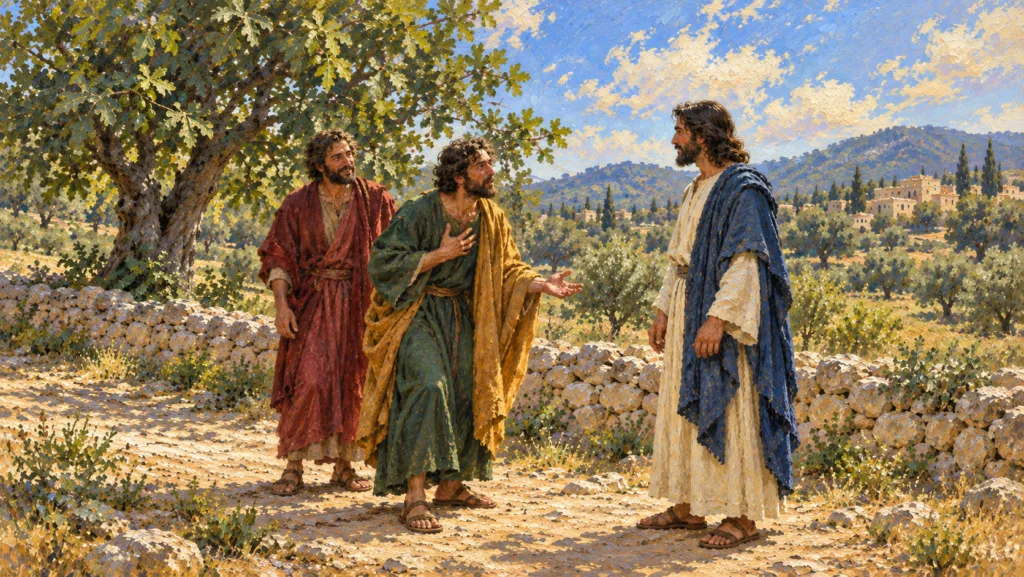 Classical oil painting of Nathanael responding to Jesus with Philip beside a fig tree.