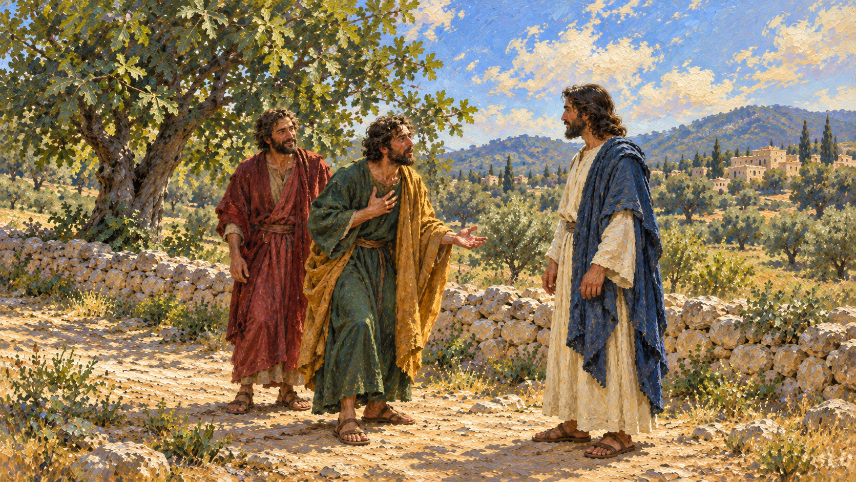 Classical oil painting of Nathanael responding to Jesus with Philip beside a fig tree.