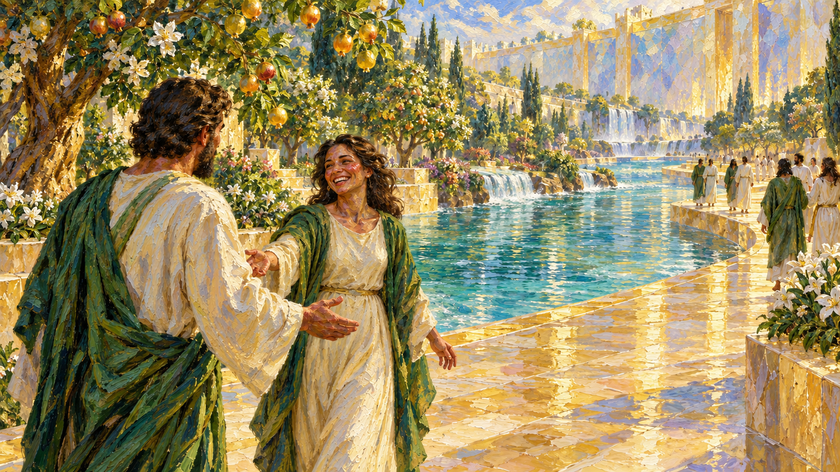 Classical oil painting of redeemed people greeting beside the river of life in the radiant New Jerusalem.