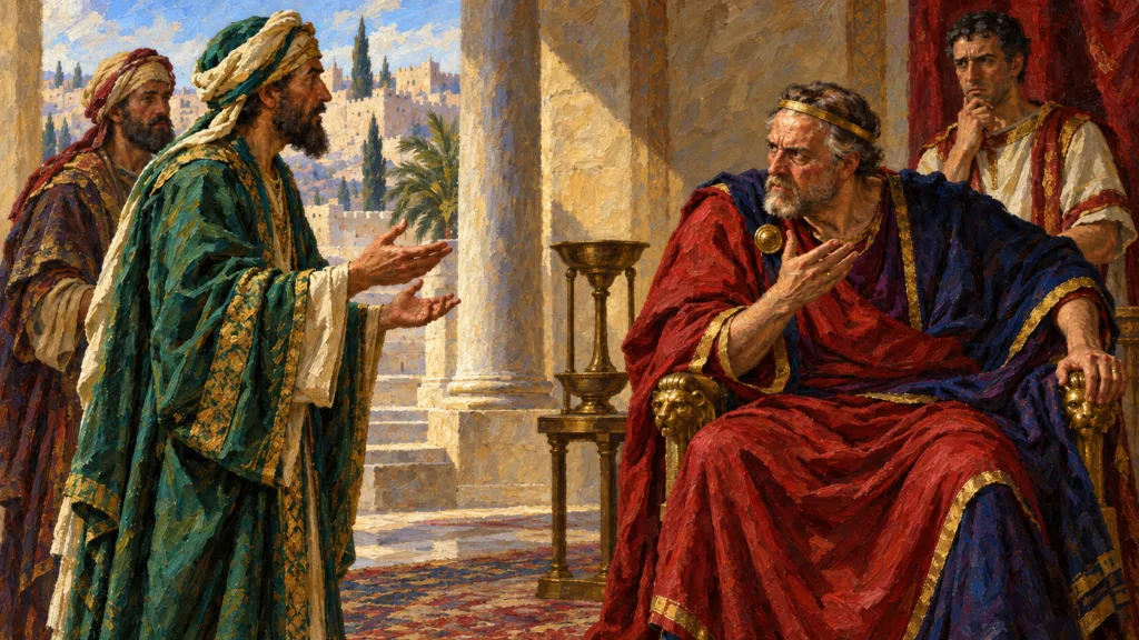 Classical oil painting of troubled King Herod hearing the eastern Magi in his court.