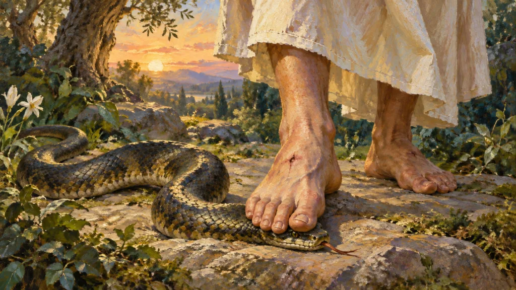 Symbolic classical oil painting of the wounded foot of Christ pressing the serpent head, illustrating Genesis 3:15.