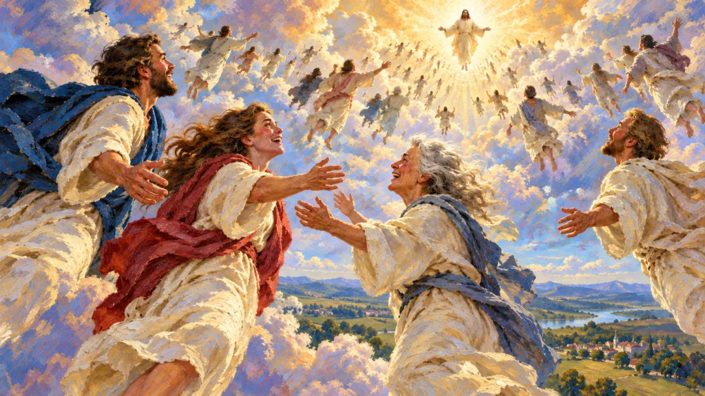 Classical oil painting of believers joyfully gathered in the clouds to meet the Lord, illustrating 1 Thessalonians 4.