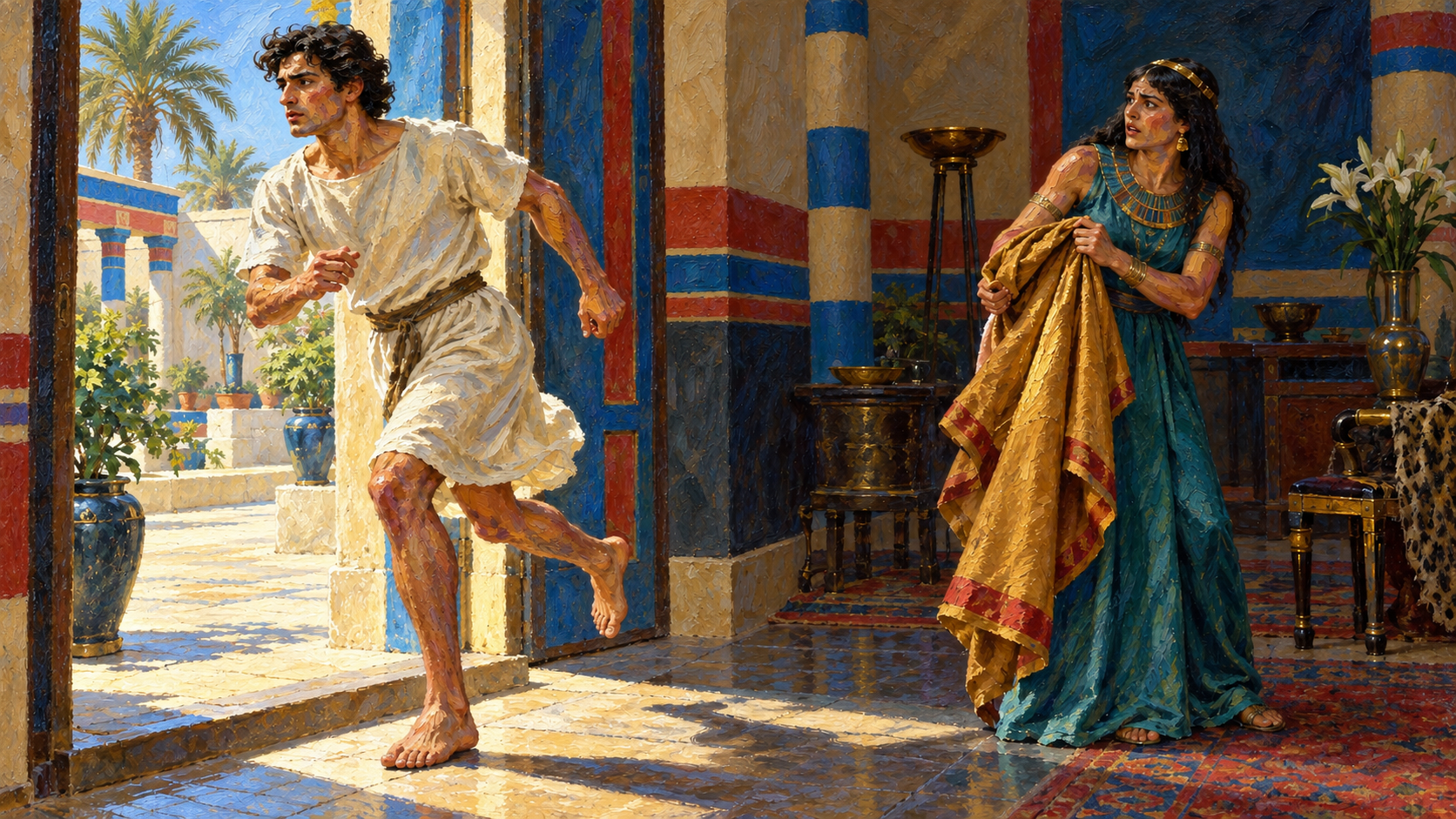 Classical oil painting of Joseph fleeing outside while Potiphar wife holds his abandoned garment.