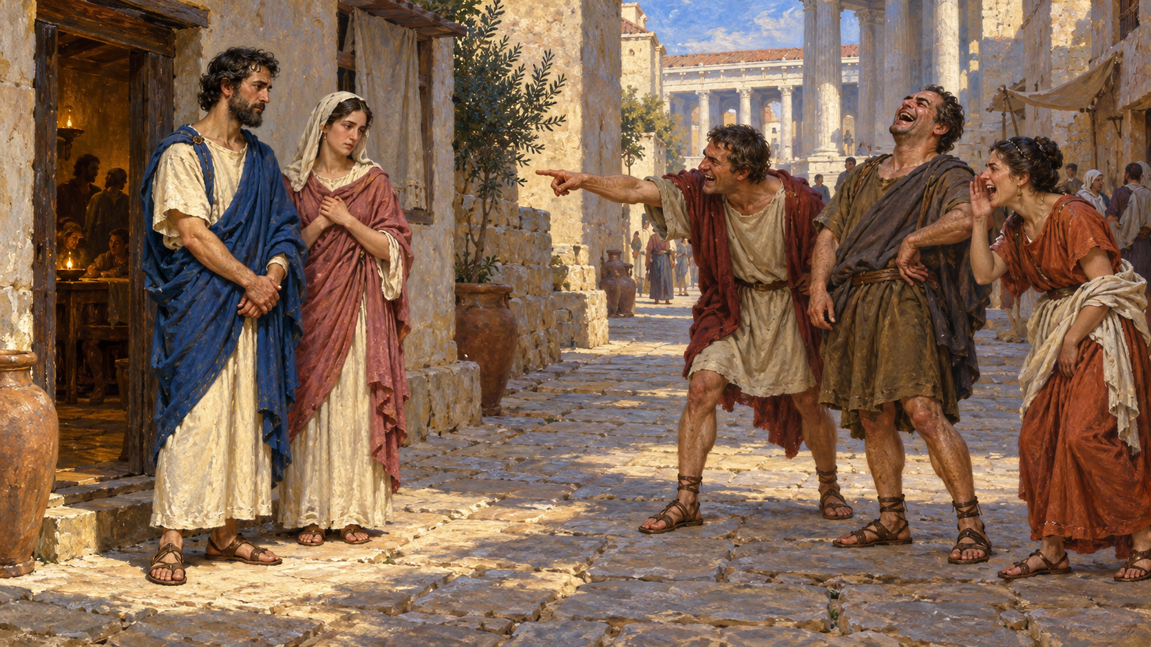 Classical oil painting of townspeople laughing, pointing and mocking two early Christians in an ancient Roman street.