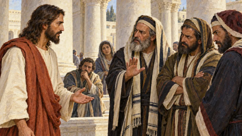 Classical oil painting of Jesus addressing resistant hearers in the temple court during the John 8 confrontation.