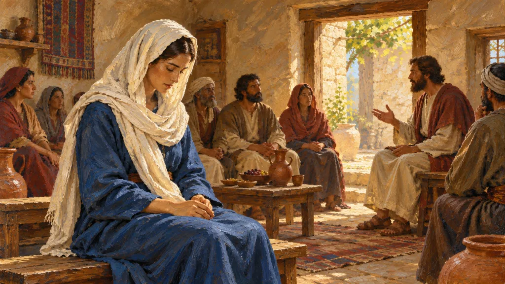 Classical oil painting of a woman with an ivory head covering sitting quietly with her head bowed during an ancient house-church gathering.