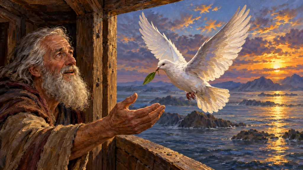 Classical oil painting of a dove returning to Noah with a fresh olive leaf in the evening.