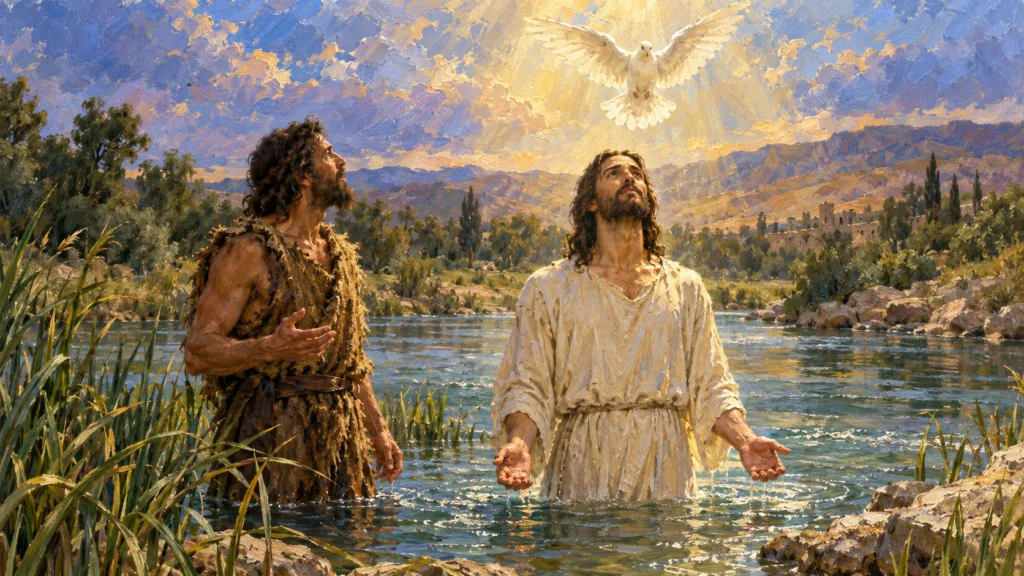 Classical oil painting of John witnessing the dove-like descent above Jesus at His baptism in the Jordan.