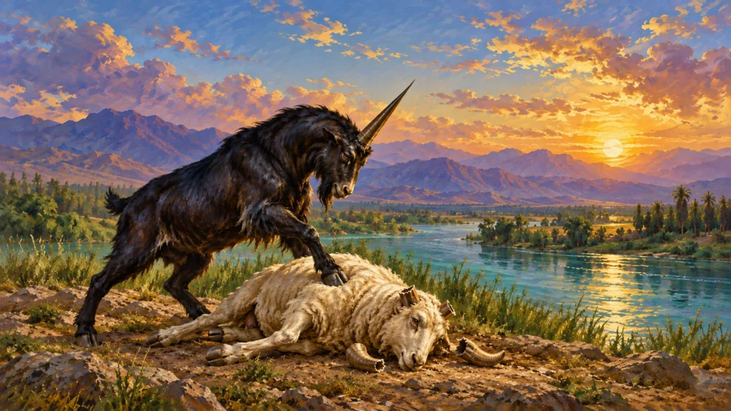 Classical oil painting of the single-horned goat defeating the ram in Daniel 8, illustrating Greece overcoming Persia.
