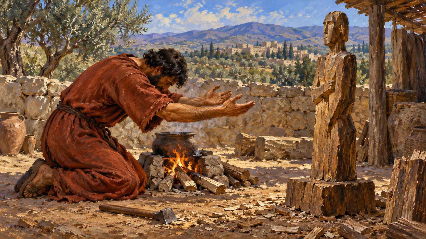 Classical oil painting illustrating Isaiah 44, with a man worshiping a wooden idol beside a fire fueled by wood offcuts.