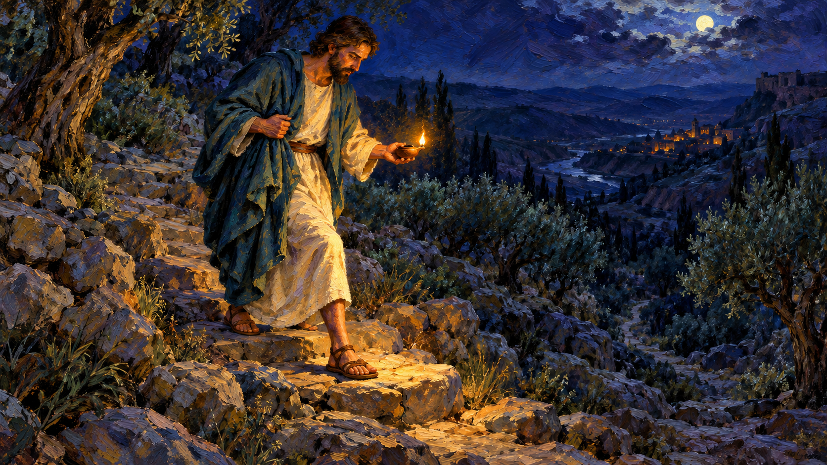 God Is Our Light: What the Bible Means Classical oil painting of a traveler guided by a clay oil lamp on a dark path, illustrating Psalm 119:105.