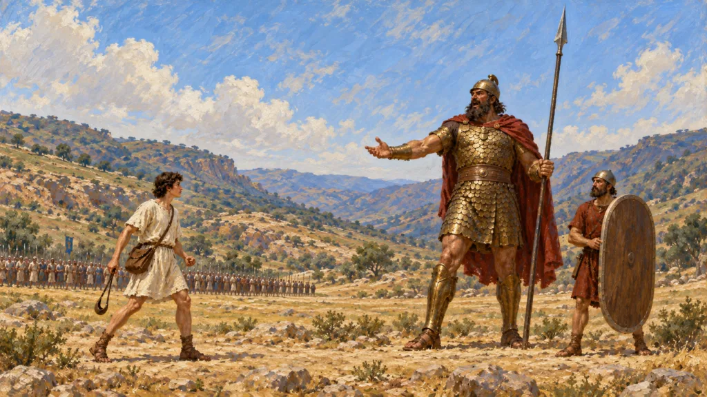 Classical oil painting of Goliath towering over David and a shield bearer before the battle in the Valley of Elah.