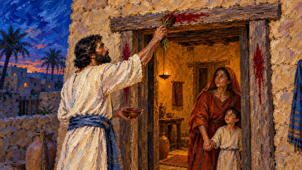 Classical oil painting of a father applying Passover blood to a doorway while his family waits inside.