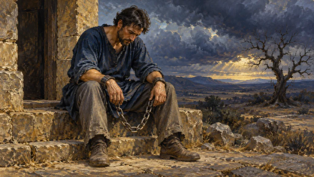 Classical oil painting of an anguished man in chains beneath storm clouds, symbolizing the burden of a curse.