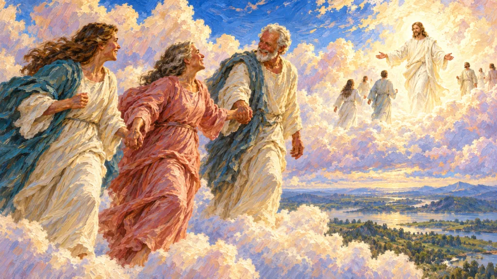 Classical oil painting of joyful believers gathered in the clouds to meet Jesus Christ, illustrating the blessed hope.