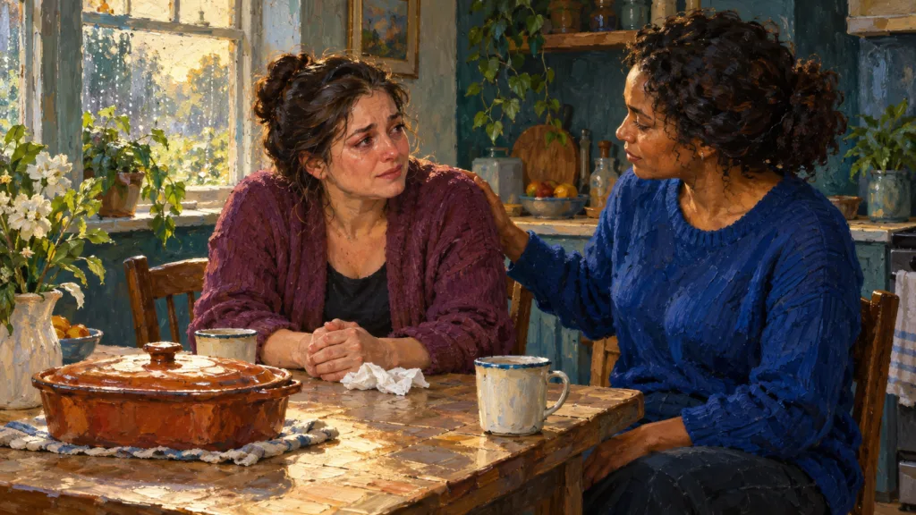 Classical oil painting of a grieving woman receiving quiet support and a meal from a friend.