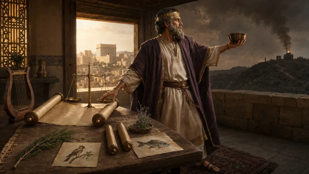 Aged Solomon turns from the open law and wisdom studies toward a smoking high place