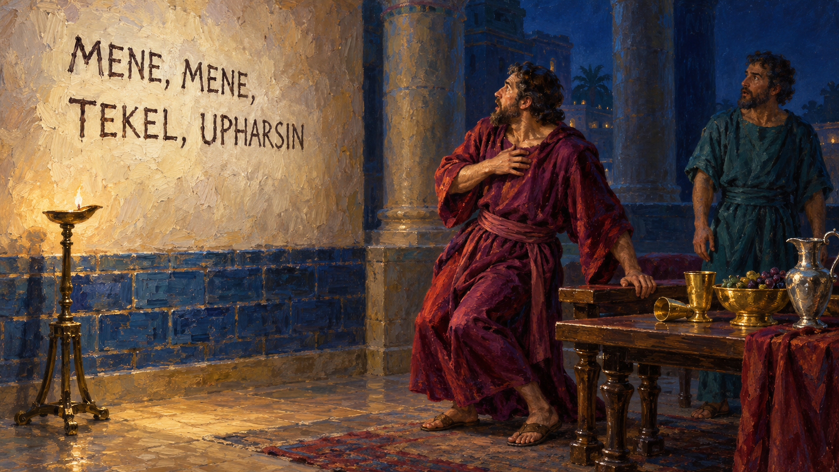 Belshazzar: The Writing on the Wall Explained Classical oil painting of Belshazzar recoiling from the words MENE, MENE, TEKEL, UPHARSIN on the palace wall beside sacred banquet vessels.