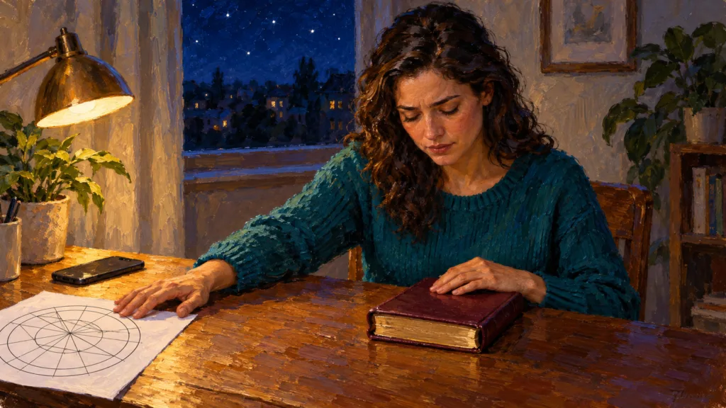 Classical oil painting of a woman setting aside an astrology chart and praying with her hand on a Bible.