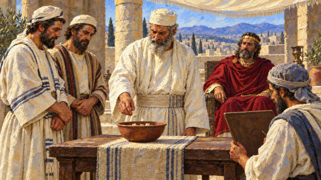 Classical oil painting of priestly representatives receiving their service assignments by lot before David and a scribe.