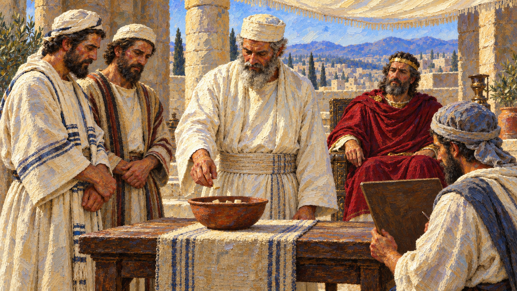 Classical oil painting of priestly representatives receiving their service assignments by lot before David and a scribe.