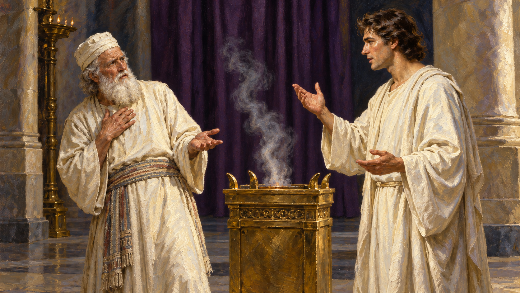 Classical oil painting of elderly Zacharias questioning Gabriel beside the incense altar.