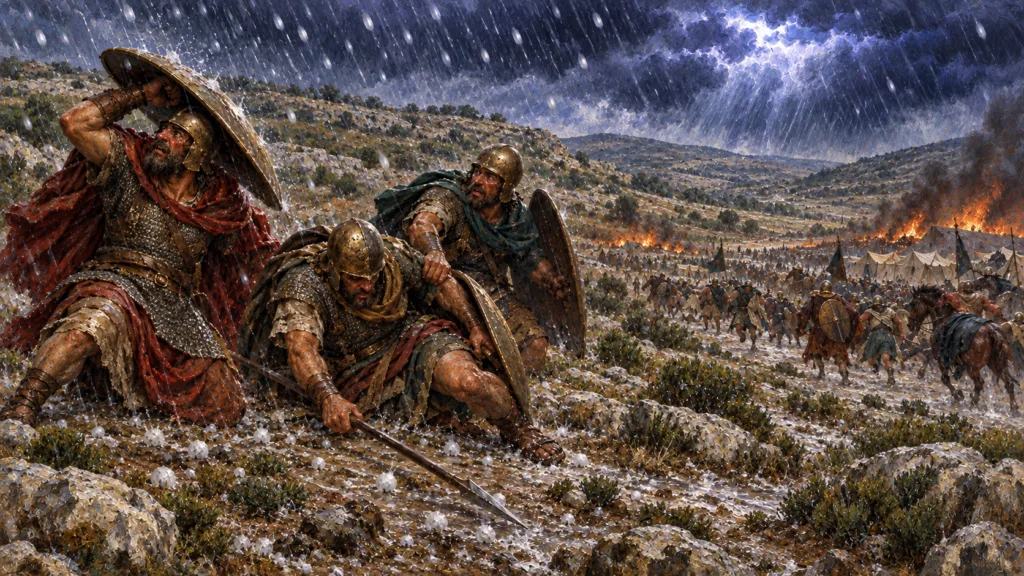 Classical oil painting illustrating the invading coalition in Ezekiel recoiling under hail and rain in the hills of Israel.