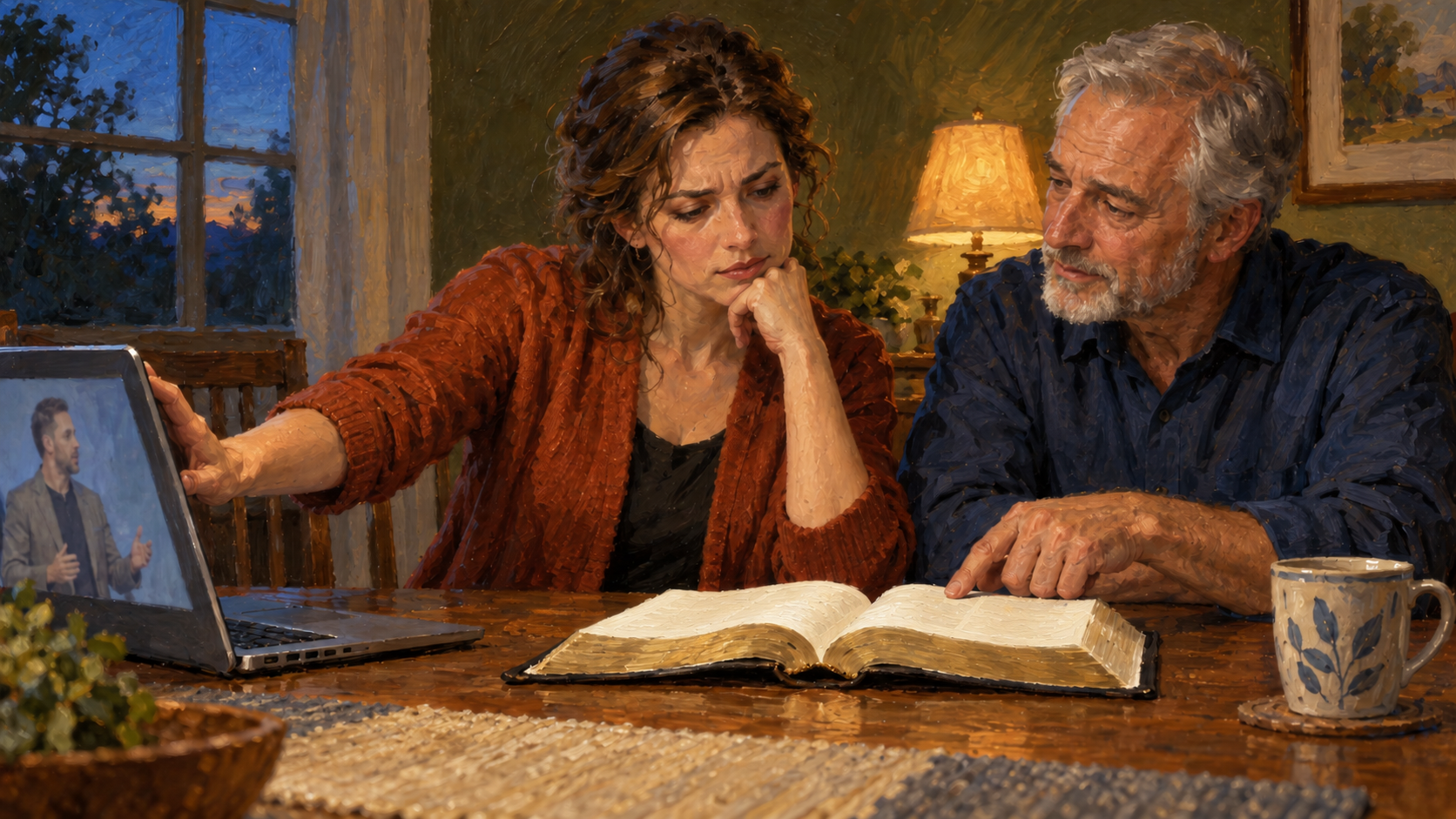 Classical oil painting of two adults testing a religious broadcast against Scripture in a patient conversation.