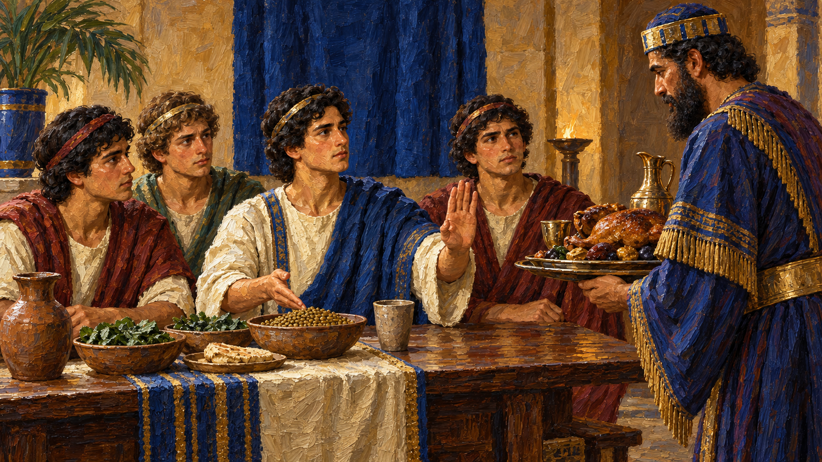 Classical oil painting of young Daniel and his companions respectfully choosing pulses and water instead of the royal meal.