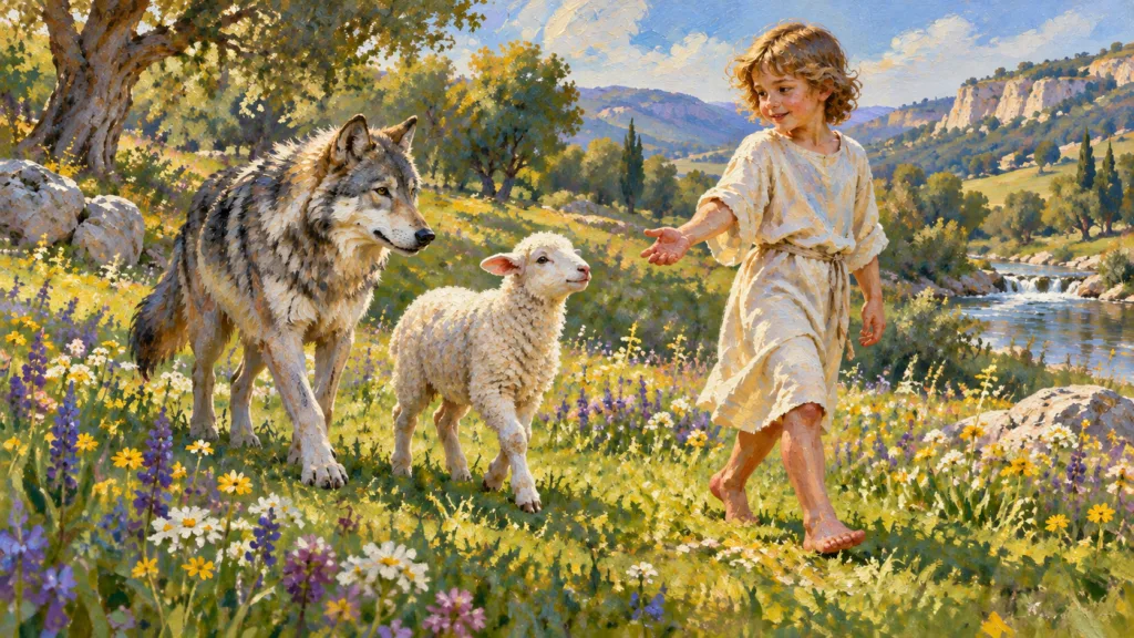 Classical oil painting illustrating Isaiah with a little child leading a wolf and lamb peacefully through an earthly meadow.