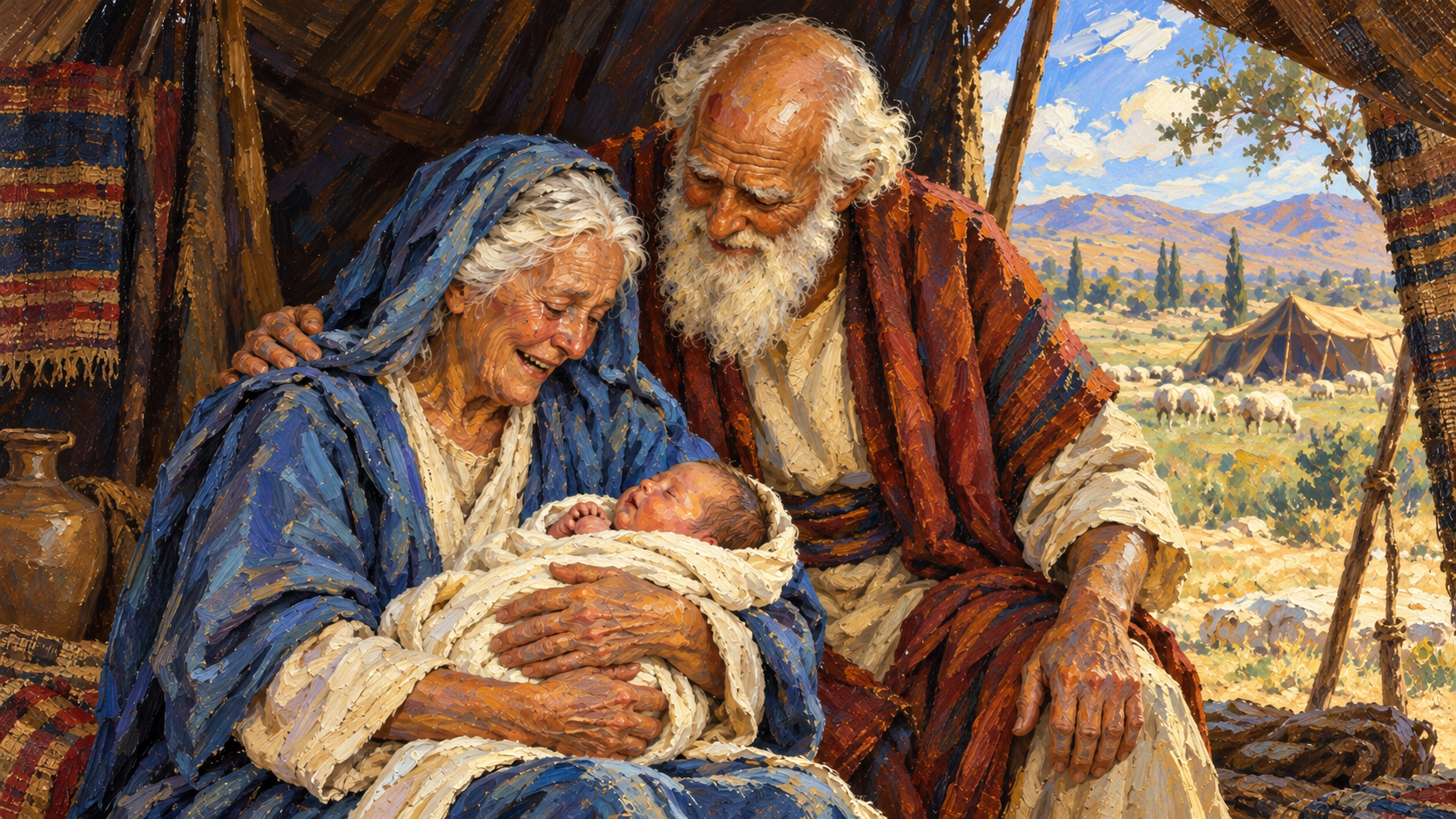 Classical oil painting of elderly Abraham and Sarah holding newborn Isaac, the fulfillment of the promise behind their new names.