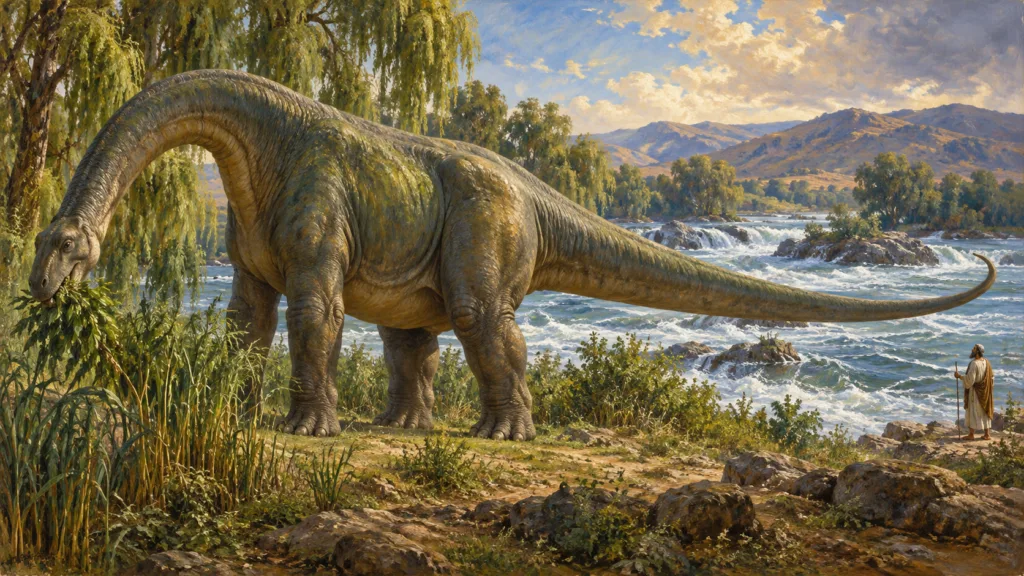 Classical oil painting illustrating Behemoth as a massive herbivore with a substantial tail feeding beside a turbulent river.