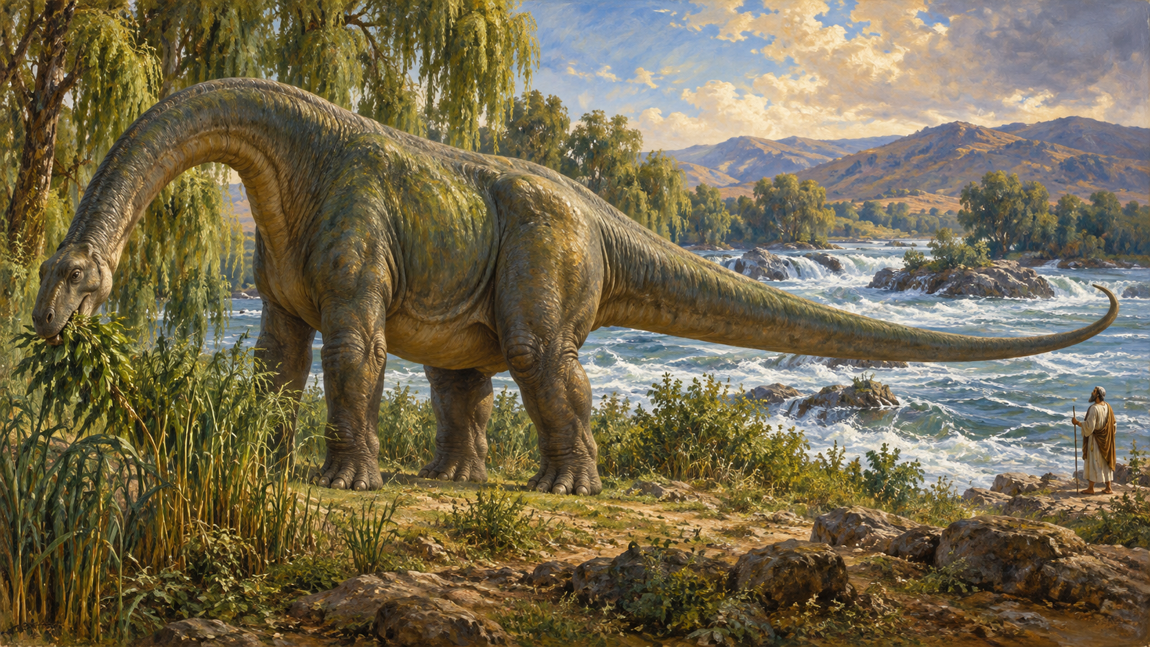 Behemoth in the Bible: What Was It? Classical oil painting illustrating Behemoth as a massive herbivore with a substantial tail feeding beside a turbulent river.