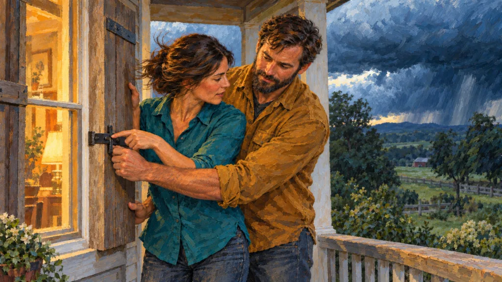 Classical oil painting of a husband welcoming his wife guidance as they secure a shutter together before a storm.