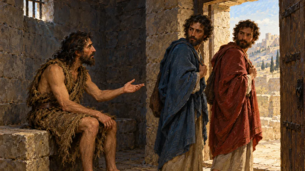 Classical oil painting of imprisoned John the Baptist sending two disciples with his question for Jesus.