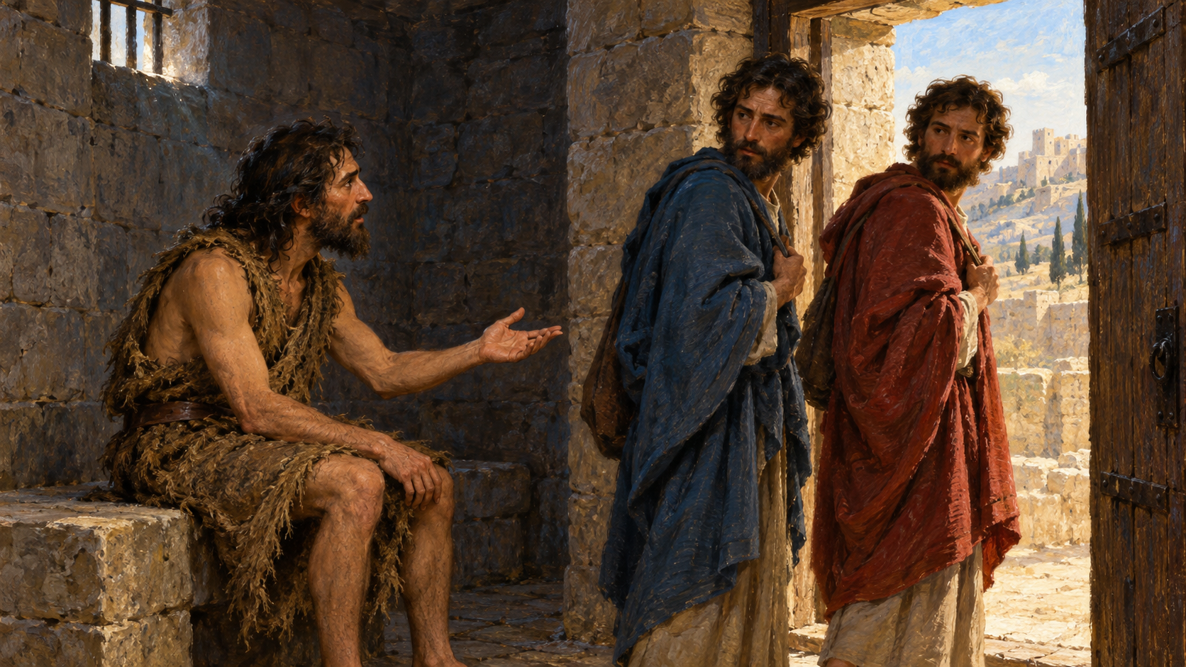 Classical oil painting of imprisoned John the Baptist sending two disciples with his question for Jesus.