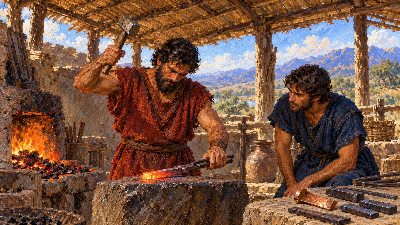Classical oil painting of Tubal-Cain teaching metalworking beside a hearth, with copper and iron tools.
