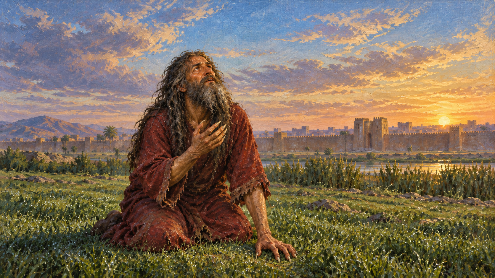 Classical oil painting of humbled Nebuchadnezzar lifting his eyes to heaven as his understanding returns.