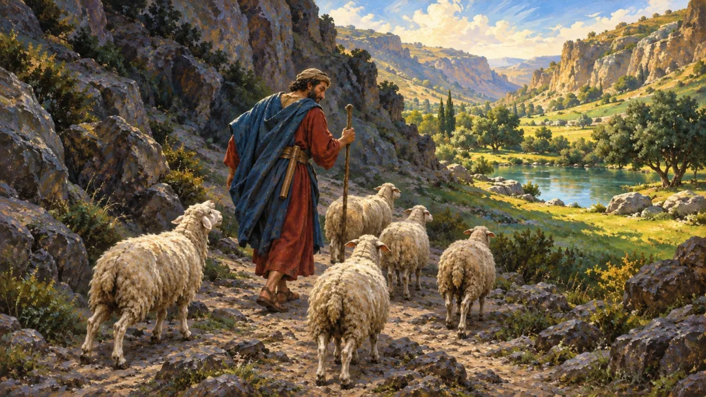 Classical oil painting illustrating Psalm 23, with a shepherd guiding sheep through a valley toward still water and green pasture.