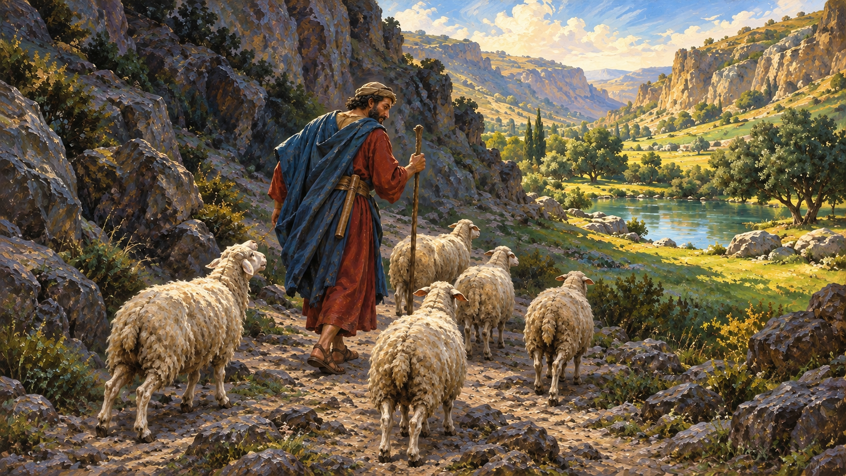 Classical oil painting illustrating Psalm 23, with a shepherd guiding sheep through a valley toward still water and green pasture.