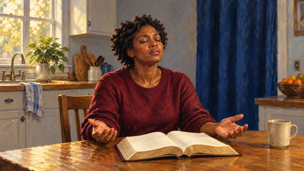 Classical oil painting of a believer praying beside an open Bible, illustrating dependence on the indwelling Holy Spirit.