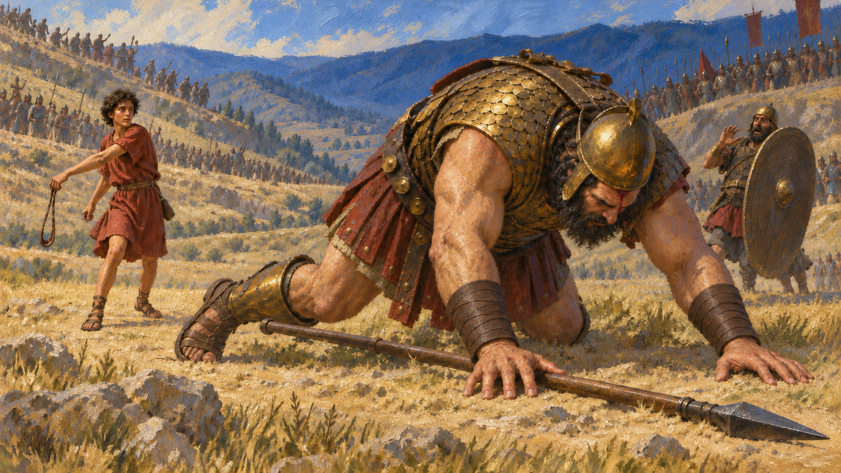 Goliath in the Bible: Why David’s Victory Matters Classical oil painting of Goliath collapsing with a wound to his forehead after David strikes him with a sling stone.