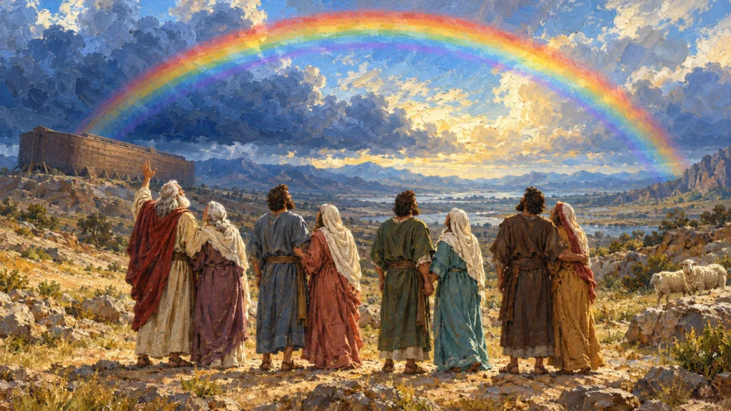 Classical oil painting of Noah, his wife, three sons and their wives beneath the covenant rainbow beside the grounded ark.