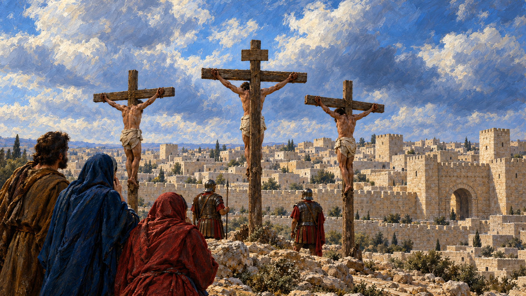 Classical oil painting of three occupied crosses at Golgotha outside Jerusalem, viewed from behind with grieving followers.