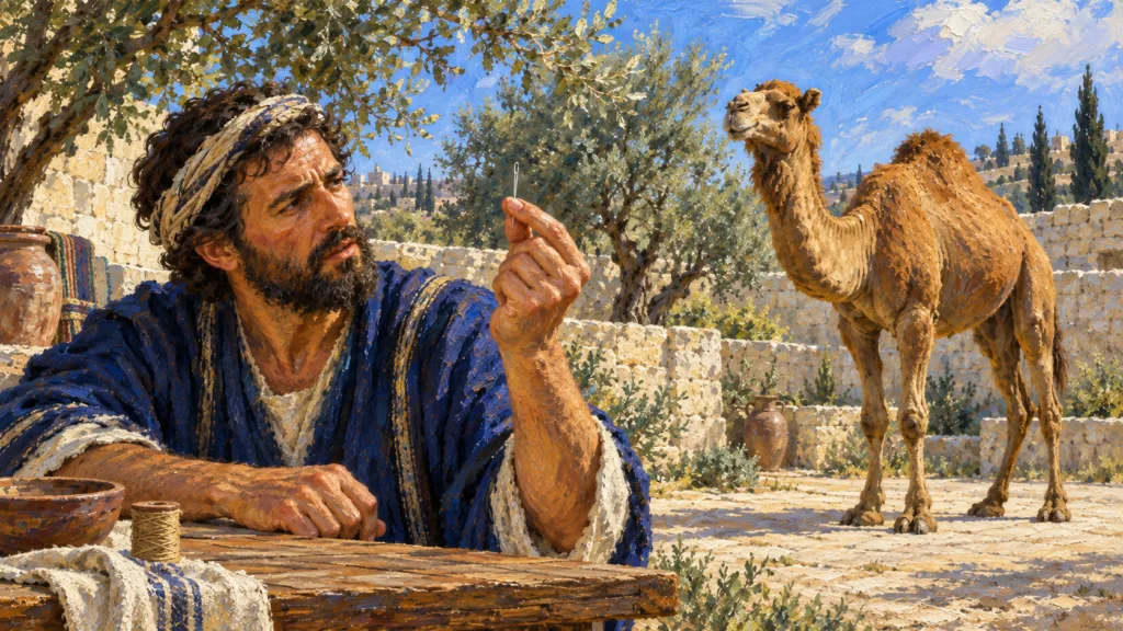 Classical oil painting of a man considering a sewing needle beside a full-sized camel