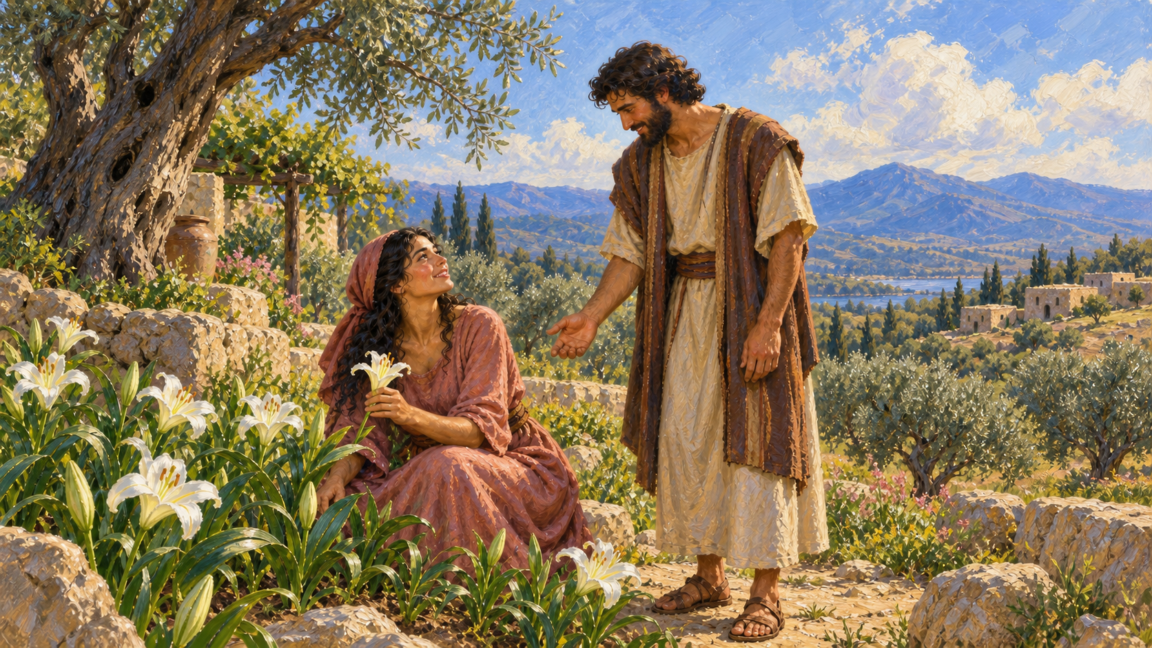 Lily of the Valley: Is It a Name for Jesus? Classical oil painting of a woman among lilies looking affectionately toward her husband