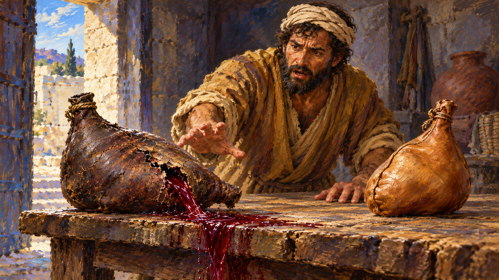 Classical oil painting of wine spilling from a split old wineskin beside an intact new skin