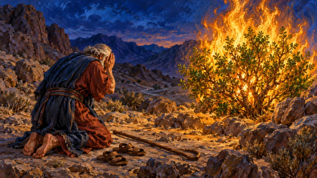 Classical oil painting of barefoot Moses hiding his face before the unconsumed burning bush